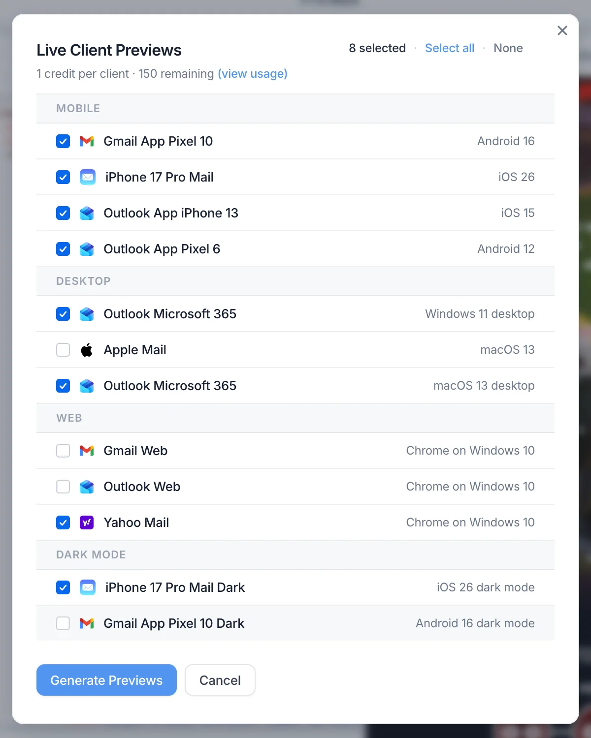 Live email client previews