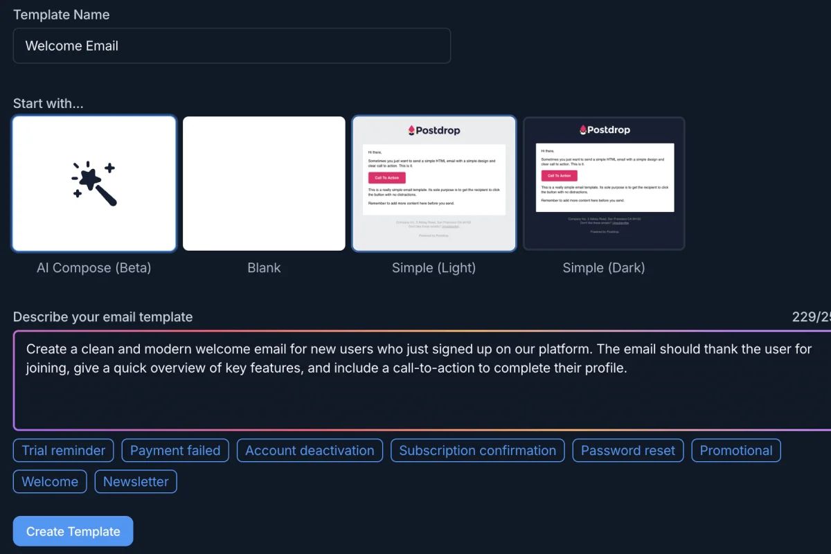 AI compose starting an HTML email from a prompt