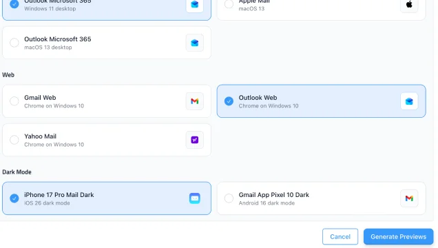 Generating live client previews across Gmail, Outlook, iPhone, Android, Yahoo Mail, and dark mode